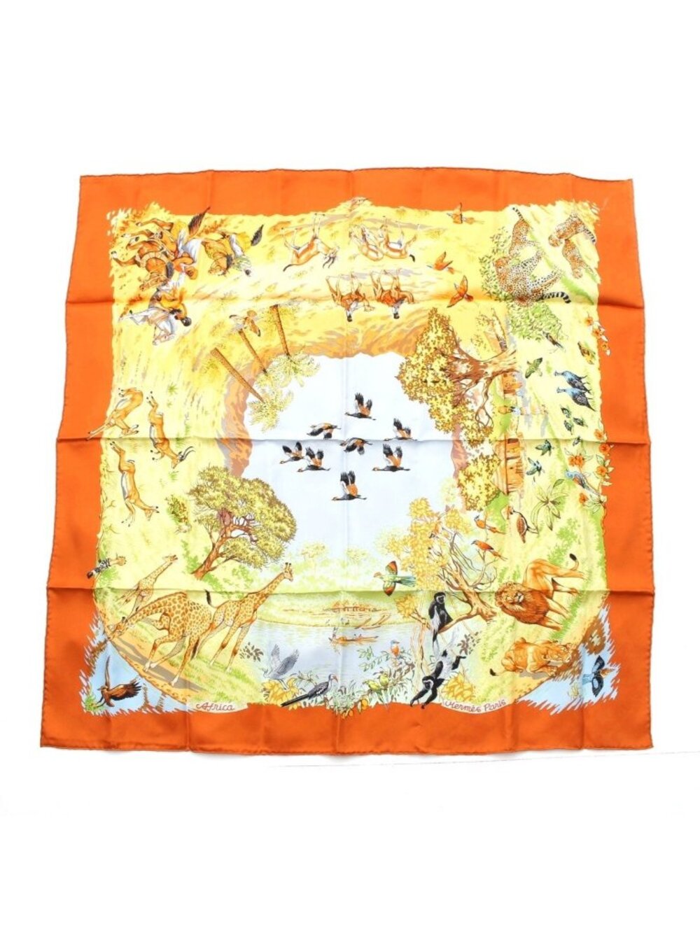 Hermes Carre 90 Africa Silk Animal Print Scarf Orange Multicolor